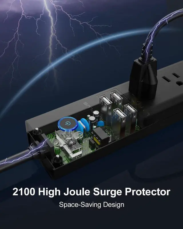 Alt view image 4 of 7 - 15 Ft Power Strip Surge Protector, 6 Outlets and 4 USB Ports, Flat Plug Power Strips Long Extension Cord with Overload Protection, Wall Mount for Home, Office, Dorm, ETL Listed