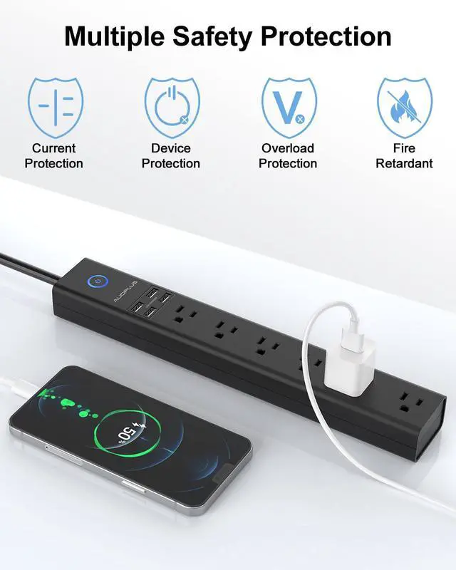 Alt view image 5 of 7 - 15 Ft Power Strip Surge Protector, 6 Outlets and 4 USB Ports, Flat Plug Power Strips Long Extension Cord with Overload Protection, Wall Mount for Home, Office, Dorm, ETL Listed