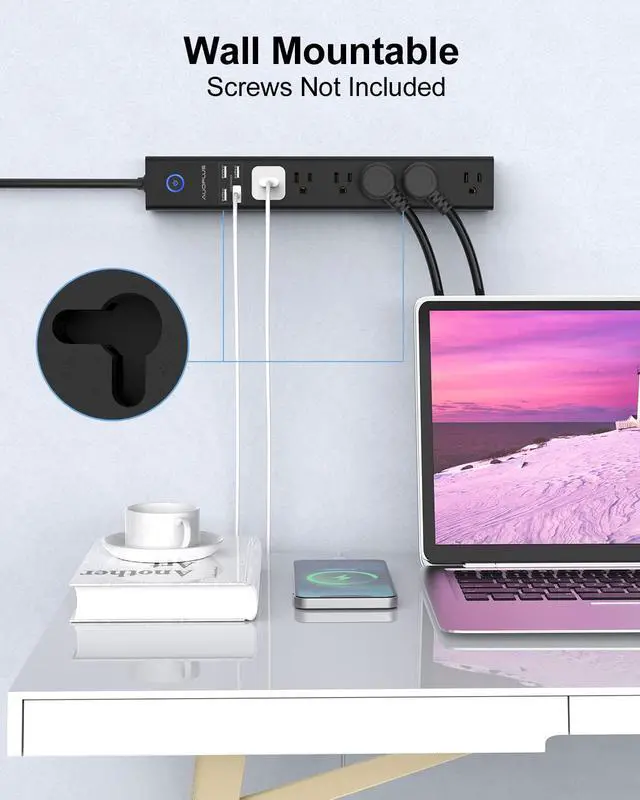 Alt view image 6 of 7 - 15 Ft Power Strip Surge Protector, 6 Outlets and 4 USB Ports, Flat Plug Power Strips Long Extension Cord with Overload Protection, Wall Mount for Home, Office, Dorm, ETL Listed