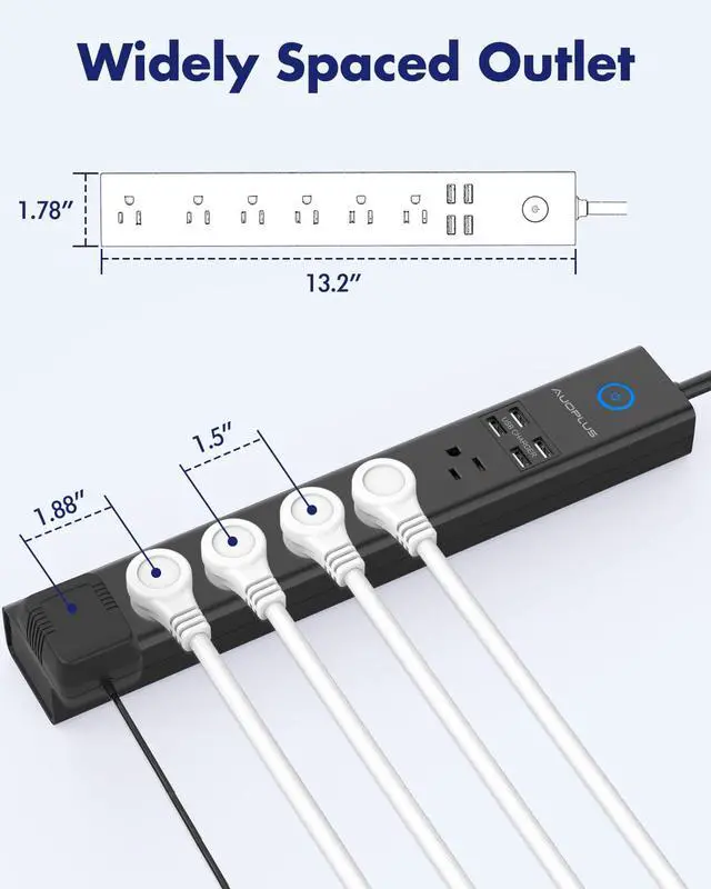 Alt view image 7 of 7 - 15 Ft Power Strip Surge Protector, 6 Outlets and 4 USB Ports, Flat Plug Power Strips Long Extension Cord with Overload Protection, Wall Mount for Home, Office, Dorm, ETL Listed