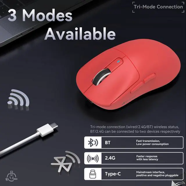 Alt view image 4 of 7 - Attack Shark X3 Wireless Gaming Mouse, 49g Ultralight, PixArt PAW3395 26000 DPI, Bluetooth/2.4Ghz /Wired Tri-Mode, 200Hrs Rechargeable Battery, Kailh GM8.0 Switch for PC/MAC/Win - Red