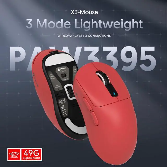 Alt view image 6 of 7 - Attack Shark X3 Wireless Gaming Mouse, 49g Ultralight, PixArt PAW3395 26000 DPI, Bluetooth/2.4Ghz /Wired Tri-Mode, 200Hrs Rechargeable Battery, Kailh GM8.0 Switch for PC/MAC/Win - Red
