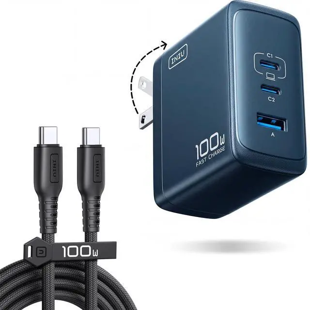 Main image of USB C Charger Block, 100W GaN Fast Charging, 3-Port Compact Foldable Travel Charger with Type C Cable, Power Adapter for Mac Book Air Pro 15 14, iPhone 17 16 Pro Max Samsung S26 S24, Switch 2