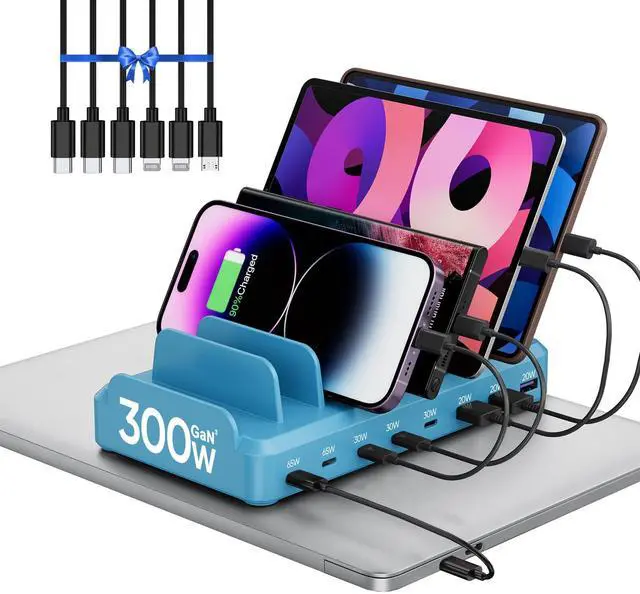 Main image of 300W Charging Station for Multiple Devices, 8 Port Multi USB C Fast Charger Station Dock for MacBook iPhone 16/15/14/13/12 Samsung Pixel Series iPad, Blue (6 Mixed Short Cables Included)