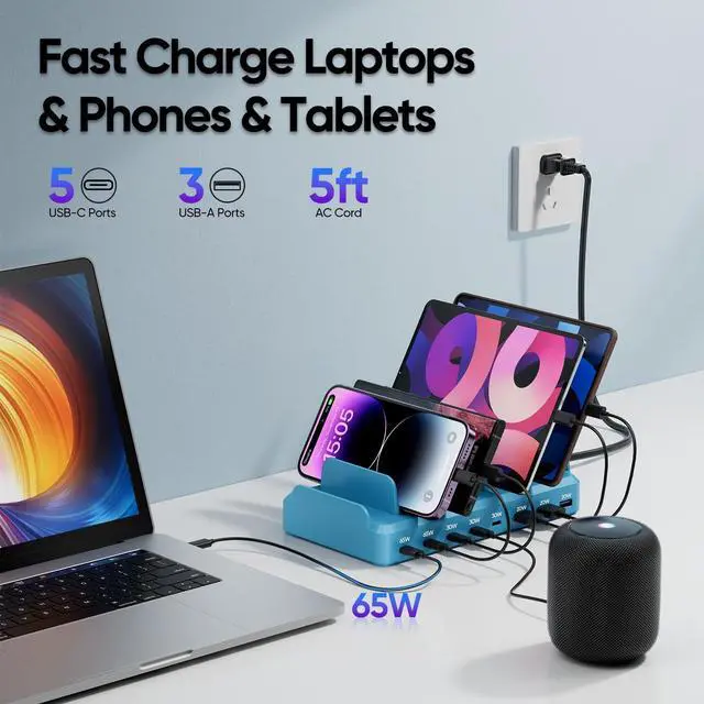 Alt view image 2 of 6 - 300W Charging Station for Multiple Devices, 8 Port Multi USB C Fast Charger Station Dock for MacBook iPhone 16/15/14/13/12 Samsung Pixel Series iPad, Blue (6 Mixed Short Cables Included)