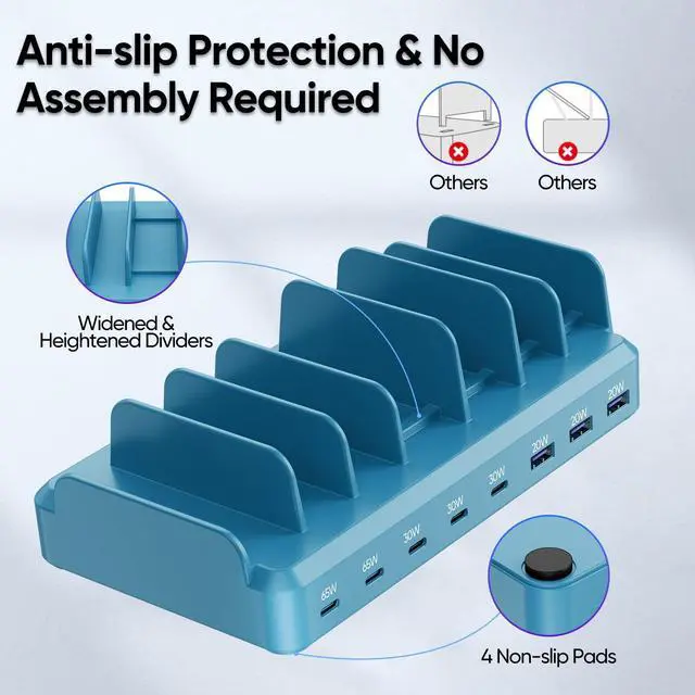 Alt view image 4 of 6 - 300W Charging Station for Multiple Devices, 8 Port Multi USB C Fast Charger Station Dock for MacBook iPhone 16/15/14/13/12 Samsung Pixel Series iPad, Blue (6 Mixed Short Cables Included)