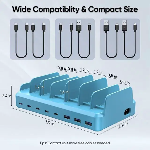 Alt view image 5 of 6 - 300W Charging Station for Multiple Devices, 8 Port Multi USB C Fast Charger Station Dock for MacBook iPhone 16/15/14/13/12 Samsung Pixel Series iPad, Blue (6 Mixed Short Cables Included)
