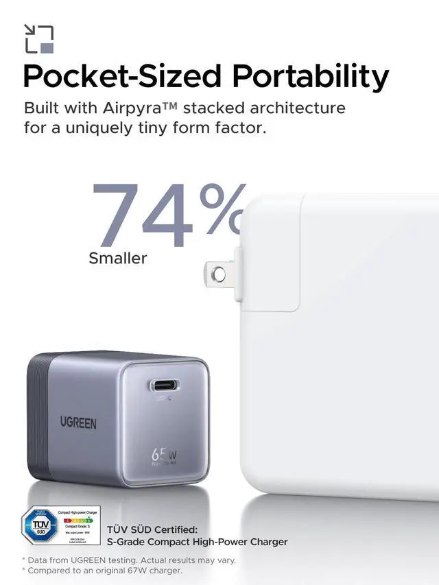 Alt view image 2 of 7 - Nexode Air 65W USB C Charger, Foldable Mini Charger Block Fast Charging with USB C Cable, GaN Charger for MacBook Air/Neo/Pro, iPhone 17 16, Galaxy S26/S25, iPad, Grey