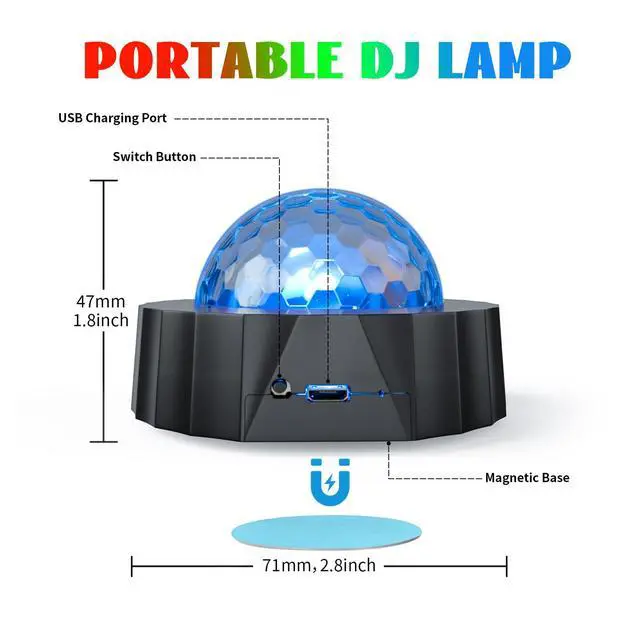 Alt view image 2 of 7 - Car Disco Ball Light with 2 Modes (Sound Activated/Auto Flash) - Magnetic Base, Rechargeable Battery & USB Cable, Vehicle Party Lights for Interior Decor(Black)