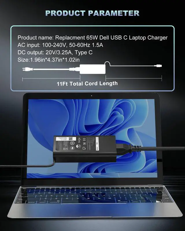 Alt view image 6 of 7 - 60W 65W USB-C AC Adapter fits for Dell Laptop Charger USB C, for Dell Pro 13 14 16 Plus/Inspiron 14 16 7620/ Latitude 5420 5520 5540 7420 5550 5450/ XPS 13/ Chromebook Computer Type C Power Cord