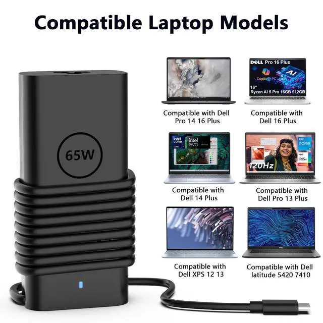 Alt view image 7 of 7 - 65W Laptop Charger USB C Replacement for Dell Latitude Charger;Compatible with All Dell Laptop Charger 65W USB Type C Power Adapter
