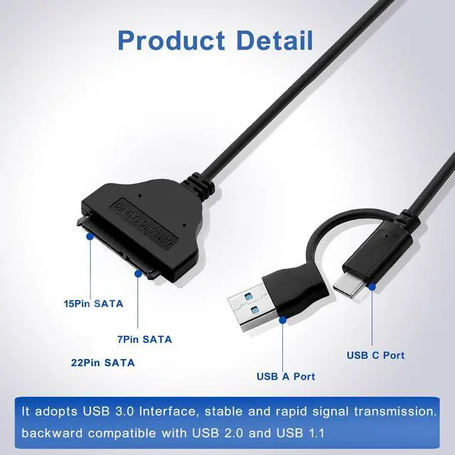 Alt view image 6 of 6 - SATA to USB Cable 3.2ft, 2-in-1 USB-C/USB-A 3.0 to SATA III Hard Driver Adapter Compatible for 2.5 inch HDD and SSD (100cm)