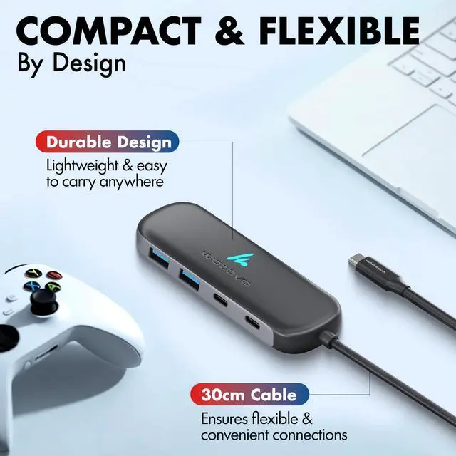 Alt view image 5 of 7 - Type C To 2 Port Type C & 2 Port USB 3.2 Hub, Data Transfer Upto 5Gbps, Plug & Play, Multiport Type C Hub With 30cm Cable, Compatible With MacBook,Tablet, Smartphones And Type C Enabled Devices