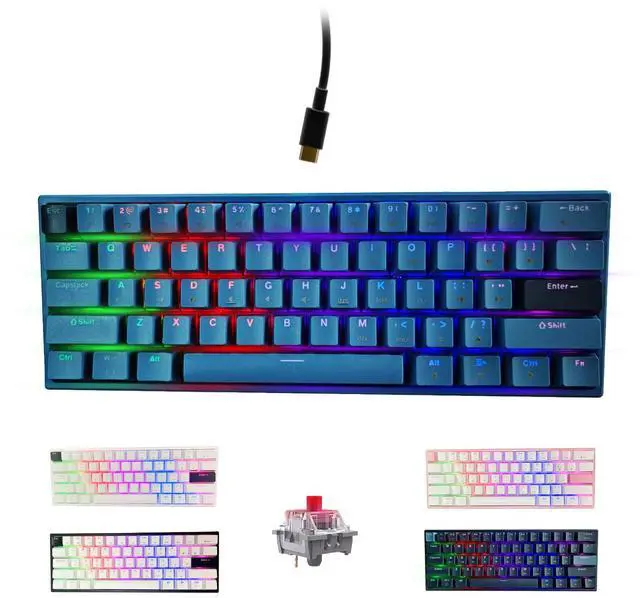 Main image of Portable 60% Mechanical Gaming Keyboard, LED Backlit Compact 61 Keys Mini Wired Office Keyboard with Red Switch, for Windows Laptop PC Mac - Black/GreyPale BlueRed Swich