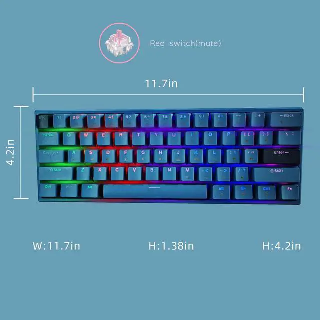 Alt view image 2 of 7 - Portable 60% Mechanical Gaming Keyboard, LED Backlit Compact 61 Keys Mini Wired Office Keyboard with Red Switch, for Windows Laptop PC Mac - Black/GreyPale BlueRed Swich