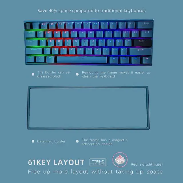 Alt view image 3 of 7 - Portable 60% Mechanical Gaming Keyboard, LED Backlit Compact 61 Keys Mini Wired Office Keyboard with Red Switch, for Windows Laptop PC Mac - Black/GreyPale BlueRed Swich
