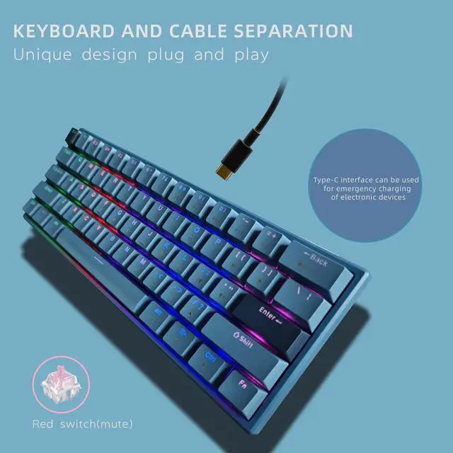 Alt view image 4 of 7 - Portable 60% Mechanical Gaming Keyboard, LED Backlit Compact 61 Keys Mini Wired Office Keyboard with Red Switch, for Windows Laptop PC Mac - Black/GreyPale BlueRed Swich