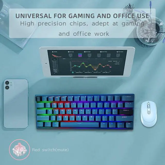 Alt view image 5 of 7 - Portable 60% Mechanical Gaming Keyboard, LED Backlit Compact 61 Keys Mini Wired Office Keyboard with Red Switch, for Windows Laptop PC Mac - Black/GreyPale BlueRed Swich