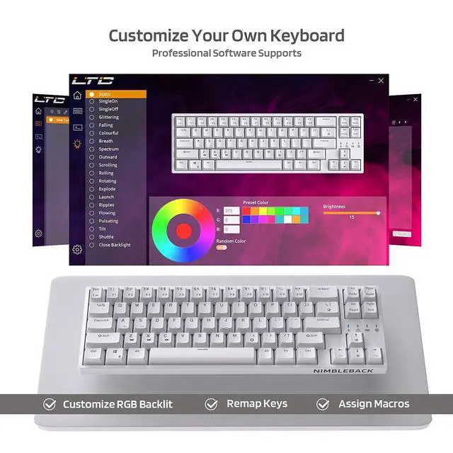 Alt view image 3 of 7 - NB681 Nimbleback Wired 65% Mechanical Keyboard, RGB Backlit Ultra-Compact 68 Keys Gaming Keyboard with Hot-Swappable Switch and Stand-Alone Arrow/Control Keys (Hot Swappable Brown Switch, White)
