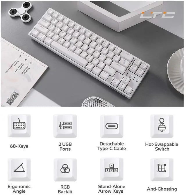 Alt view image 7 of 7 - NB681 Nimbleback Wired 65% Mechanical Keyboard, RGB Backlit Ultra-Compact 68 Keys Gaming Keyboard with Hot-Swappable Switch and Stand-Alone Arrow/Control Keys (Hot Swappable Brown Switch, White)