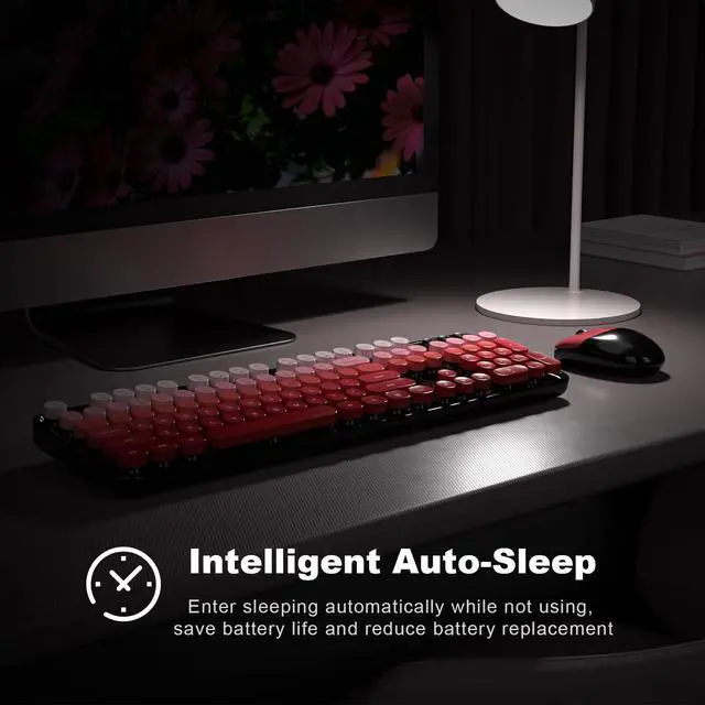 Alt view image 3 of 7 - Wireless Keyboard and Mouse Combo, Full Size 2.4G Plug and Play Typewriter Retro Round Computer Keyboard and Mouse Set for Windows, Computer, Desktop, PC, Notebook - (Black Red Gradient)