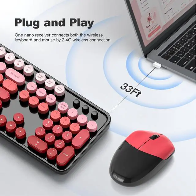 Alt view image 2 of 7 - Wireless Keyboard and Mouse Combo, Full Size 2.4G Plug and Play Typewriter Retro Round Computer Keyboard and Mouse Set for Windows, Computer, Desktop, PC, Notebook - (Black Red Gradient)