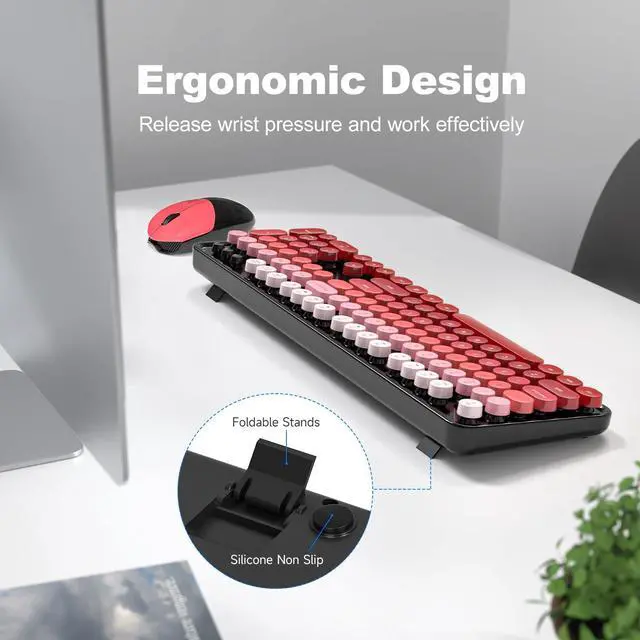 Alt view image 4 of 7 - Wireless Keyboard and Mouse Combo, Full Size 2.4G Plug and Play Typewriter Retro Round Computer Keyboard and Mouse Set for Windows, Computer, Desktop, PC, Notebook - (Black Red Gradient)
