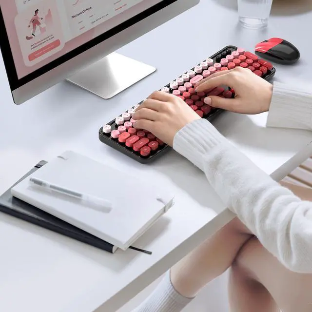 Alt view image 6 of 7 - Wireless Keyboard and Mouse Combo, Full Size 2.4G Plug and Play Typewriter Retro Round Computer Keyboard and Mouse Set for Windows, Computer, Desktop, PC, Notebook - (Black Red Gradient)
