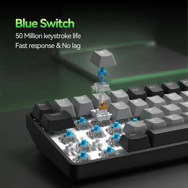Alt view image 3 of 7 - T68 60% Wireless Mechanical Gaming , Tri-Mode BT5.0/2.4GHz/USB-C with Blue Switch, RGB Backlight, Anti-Ghosting, Compact 68 Keys, Wired/Wireless, Black/Gray