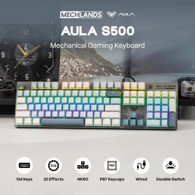 Alt view image 2 of 7 - Aula S500 Wired Gaming Keyboard, 100% Full Size Mechanical Keyboard with Number Pad, 104 Keys, NKRO, RGB Backlits, Shine Through Keycaps, Ergonomic for PC E-Sports (Black&Blue, Blue Switch)