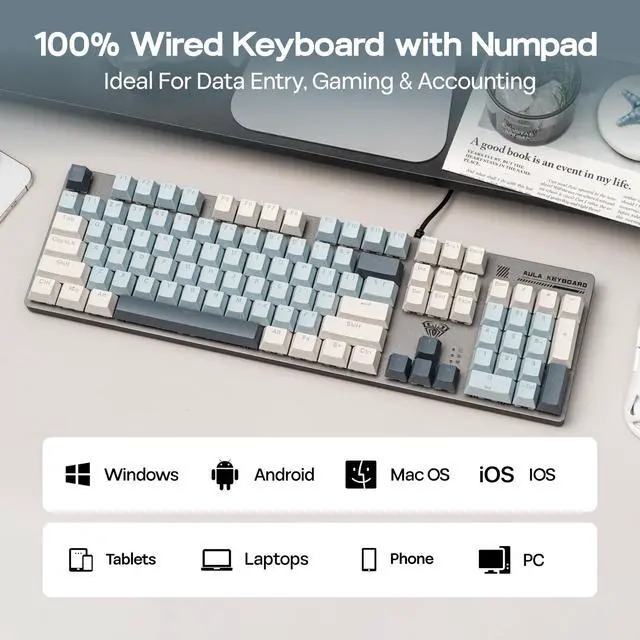 Alt view image 4 of 7 - Aula S500 Wired Gaming Keyboard, 100% Full Size Mechanical Keyboard with Number Pad, 104 Keys, NKRO, RGB Backlits, Shine Through Keycaps, Ergonomic for PC E-Sports (Black&Blue, Blue Switch)