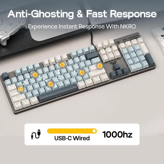 Alt view image 5 of 7 - Aula S500 Wired Gaming Keyboard, 100% Full Size Mechanical Keyboard with Number Pad, 104 Keys, NKRO, RGB Backlits, Shine Through Keycaps, Ergonomic for PC E-Sports (Black&Blue, Blue Switch)