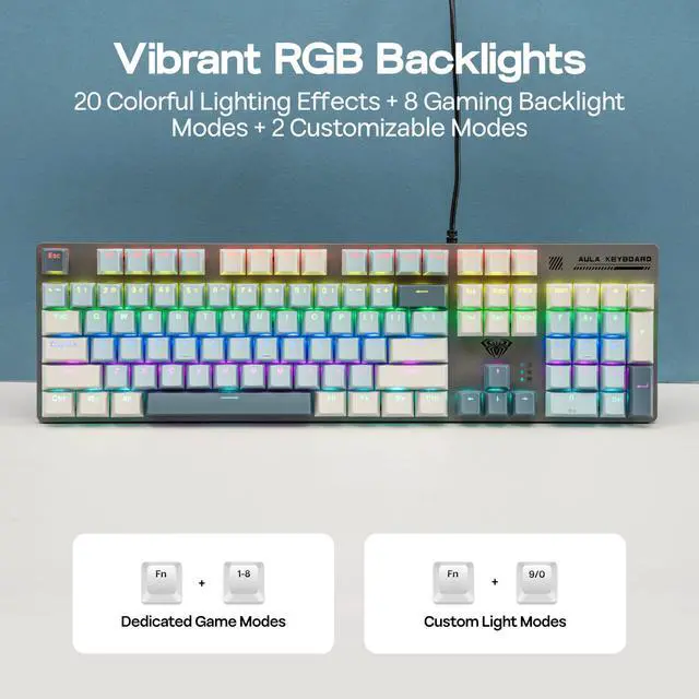 Alt view image 6 of 7 - Aula S500 Wired Gaming Keyboard, 100% Full Size Mechanical Keyboard with Number Pad, 104 Keys, NKRO, RGB Backlits, Shine Through Keycaps, Ergonomic for PC E-Sports (Black&Blue, Blue Switch)
