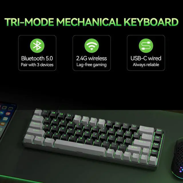 Alt view image 2 of 7 - T68 60% Wireless Gaming Mechanical , 68 Keys Tri-Mode Bluetooth/2.4GHz/USB-C, Red Switch, RGB Backlit, Compact Design, N-Key Rollover for PC, Mac, Windows - Black & Gray