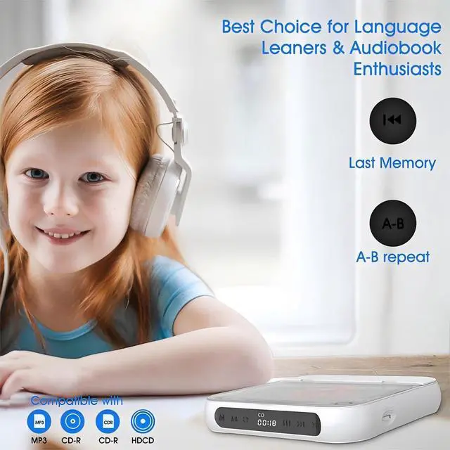 Alt view image 2 of 7 - Portable CD Player with Bluetooth 5.3 Transmitter, 2000mAh Rechargeable, Built-in HiFi Dual Speakers, Supports CD/USB/AUX, LCD Display, Headphones Included for Home/Car (White)