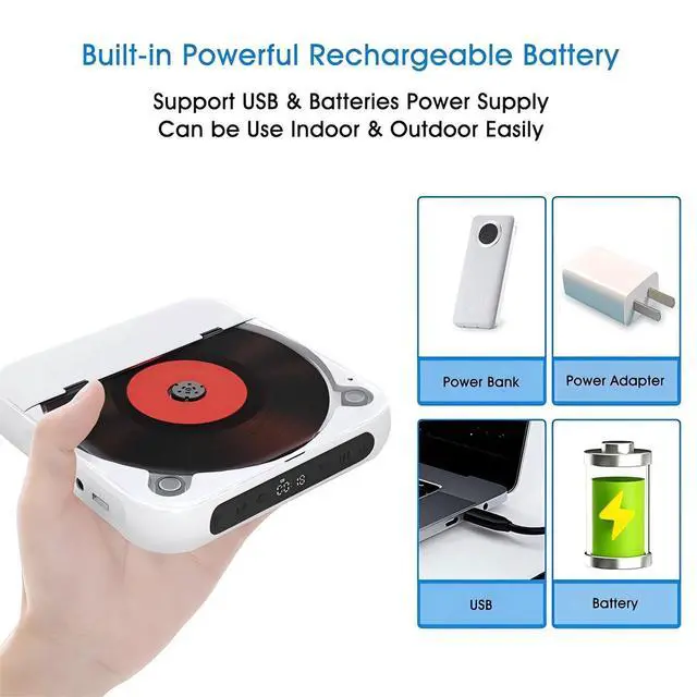 Alt view image 3 of 7 - Portable CD Player with Bluetooth 5.3 Transmitter, 2000mAh Rechargeable, Built-in HiFi Dual Speakers, Supports CD/USB/AUX, LCD Display, Headphones Included for Home/Car (White)