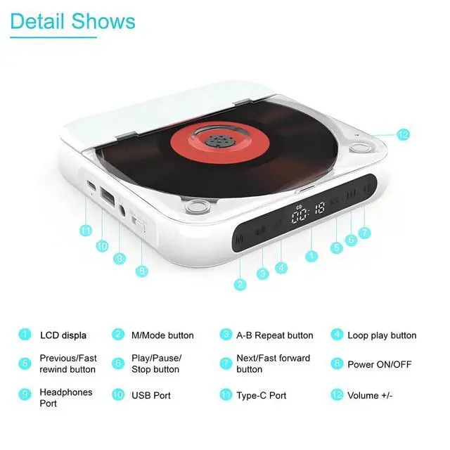 Alt view image 6 of 7 - Portable CD Player with Bluetooth 5.3 Transmitter, 2000mAh Rechargeable, Built-in HiFi Dual Speakers, Supports CD/USB/AUX, LCD Display, Headphones Included for Home/Car (White)