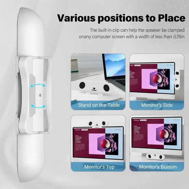 Alt view image 3 of 7 - Computer Speakers for Desktop Monitor,Single Speakers for Desktop PC,Laptop Speaker with Loud Sound,Volume Control Easily Clamps to Monitors(USB-C to USB Adapter Included) (White)
