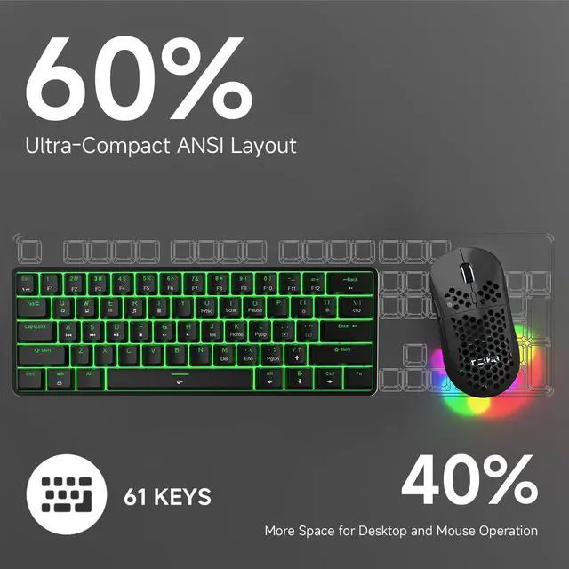 Alt view image 6 of 6 - Red Linear Switch, LED Backlight, Anti-Ghosting, Detachable USB-C, Double-Shot Keycaps, 61 Keys, Wired, Black