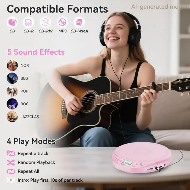 Alt view image 2 of 7 - Portable CD Player with Earphones,CD Discman for Car Home with Anti-Skip Shockproof Protection,Personal CD Music Player with LCD Display Support PROG Memory Function