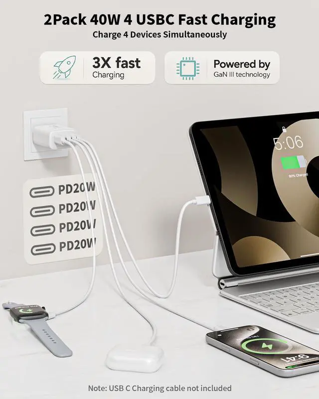 Alt view image 2 of 7 - 40W USB C Charger Block, 2Pack 4-Port USB C Wall Fast Charging Blocks Plug, PD3.0 Multiport Type-C Power Adapter iPhone Charger Brick Box for iPhone 17/Air/16/15/14/13/12 Pro Max, iPad, Samsung & More