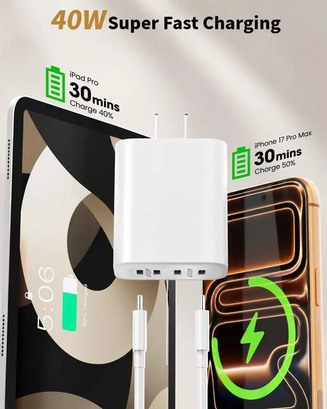 Alt view image 3 of 7 - 40W USB C Charger Block, 2Pack 4-Port USB C Wall Fast Charging Blocks Plug, PD3.0 Multiport Type-C Power Adapter iPhone Charger Brick Box for iPhone 17/Air/16/15/14/13/12 Pro Max, iPad, Samsung & More