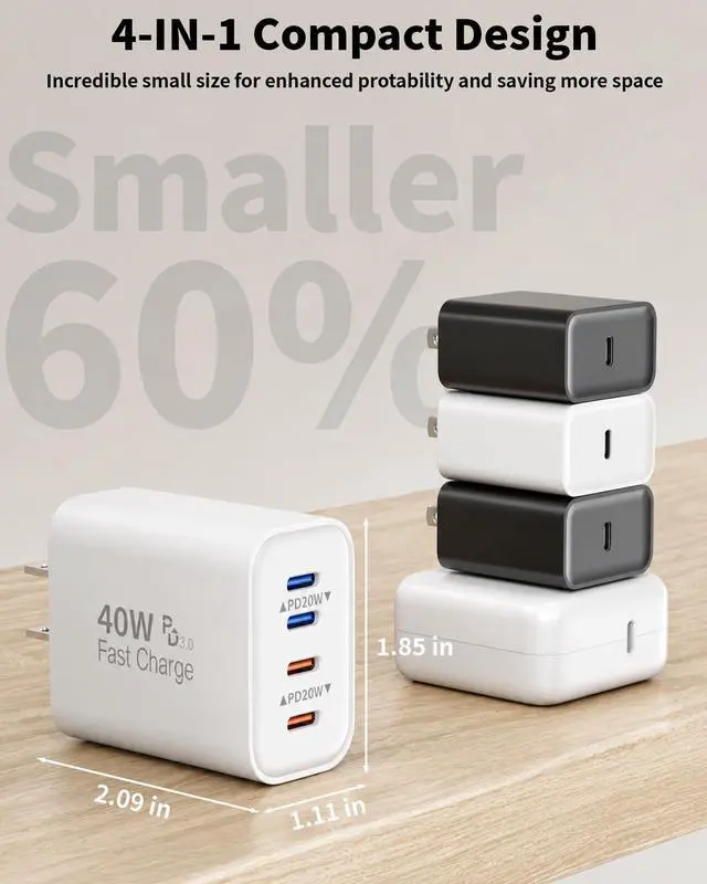 Alt view image 4 of 7 - 40W USB C Charger Block, 2Pack 4-Port USB C Wall Fast Charging Blocks Plug, PD3.0 Multiport Type-C Power Adapter iPhone Charger Brick Box for iPhone 17/Air/16/15/14/13/12 Pro Max, iPad, Samsung & More