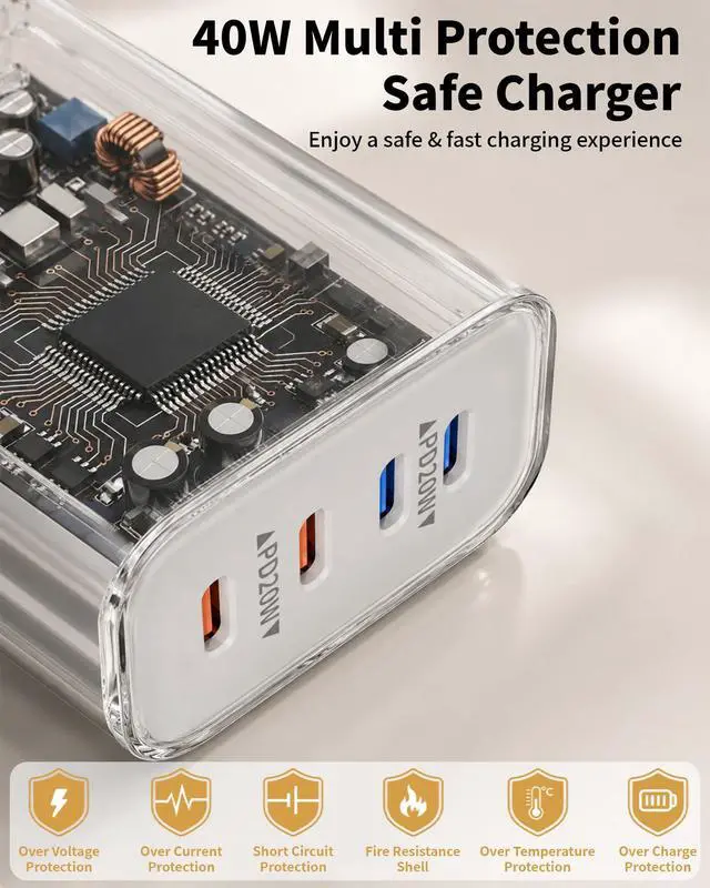Alt view image 5 of 7 - 40W USB C Charger Block, 2Pack 4-Port USB C Wall Fast Charging Blocks Plug, PD3.0 Multiport Type-C Power Adapter iPhone Charger Brick Box for iPhone 17/Air/16/15/14/13/12 Pro Max, iPad, Samsung & More