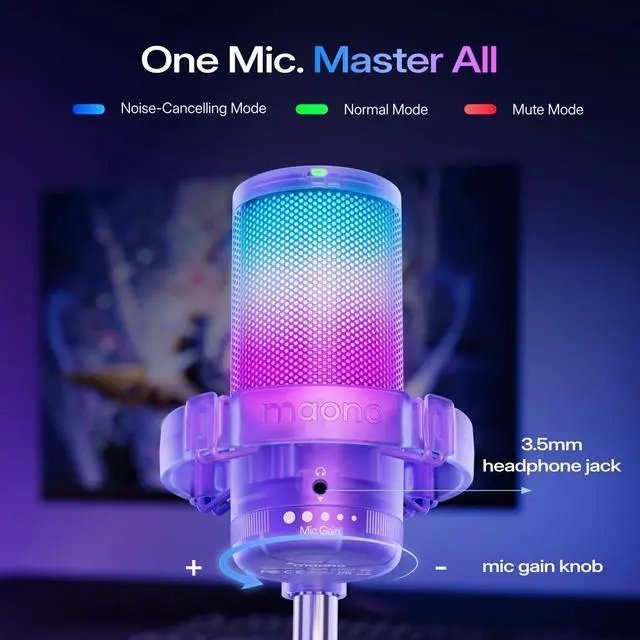 Alt view image 5 of 7 - USB Gaming Microphone for PC, Noise Cancellation Condenser Mic with Mute, Gain, Monitoring, RGB Boom Mic for Streaming, Podcast, Twitch, Discord, Computer, PS4/PS5, Mac, GamerWave DGM20S,Purple