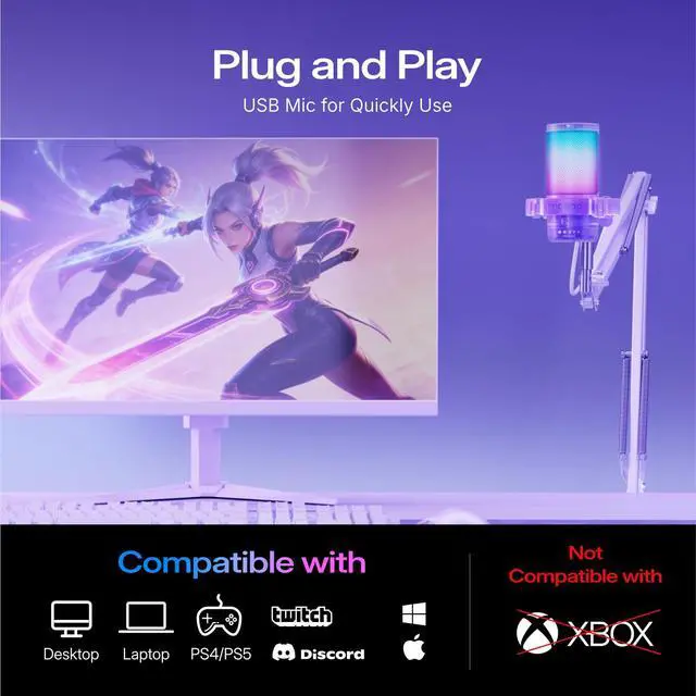 Alt view image 7 of 7 - USB Gaming Microphone for PC, Noise Cancellation Condenser Mic with Mute, Gain, Monitoring, RGB Boom Mic for Streaming, Podcast, Twitch, Discord, Computer, PS4/PS5, Mac, GamerWave DGM20S,Purple