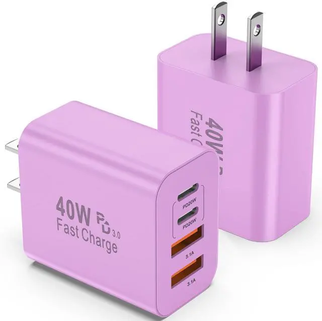 Main image of USB C Charger Block, 2 Pack 40W 4-Port iPhone Charger Fast Charging Multiport PD 3.0 & QC 4.0 Double Quick Charge, Compatible with iPhone 17/16/15/14/13/12/11Pro MaxiPad, Samsung (2, Purple)
