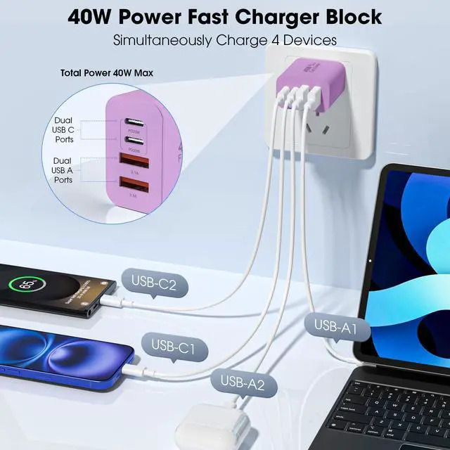 Alt view image 2 of 7 - USB C Charger Block, 2 Pack 40W 4-Port iPhone Charger Fast Charging Multiport PD 3.0 & QC 4.0 Double Quick Charge, Compatible with iPhone 17/16/15/14/13/12/11Pro MaxiPad, Samsung (2, Purple)
