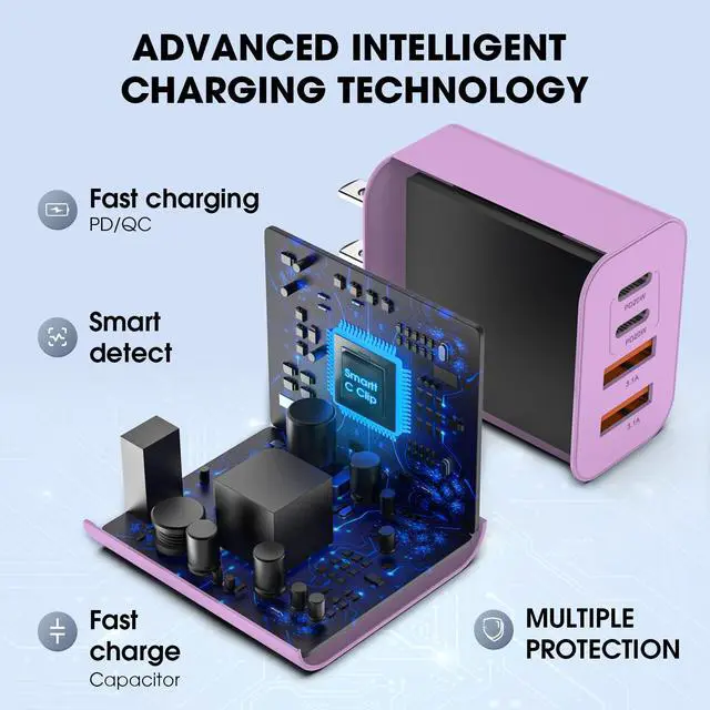 Alt view image 3 of 7 - USB C Charger Block, 2 Pack 40W 4-Port iPhone Charger Fast Charging Multiport PD 3.0 & QC 4.0 Double Quick Charge, Compatible with iPhone 17/16/15/14/13/12/11Pro MaxiPad, Samsung (2, Purple)