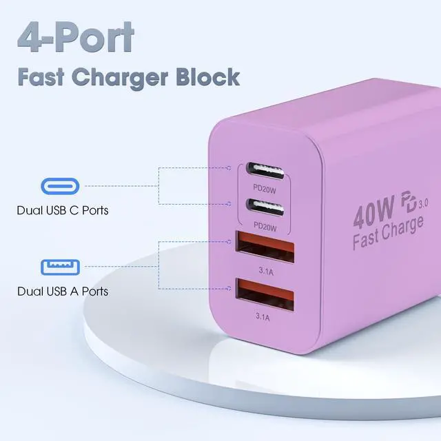 Alt view image 7 of 7 - USB C Charger Block, 2 Pack 40W 4-Port iPhone Charger Fast Charging Multiport PD 3.0 & QC 4.0 Double Quick Charge, Compatible with iPhone 17/16/15/14/13/12/11Pro MaxiPad, Samsung (2, Purple)
